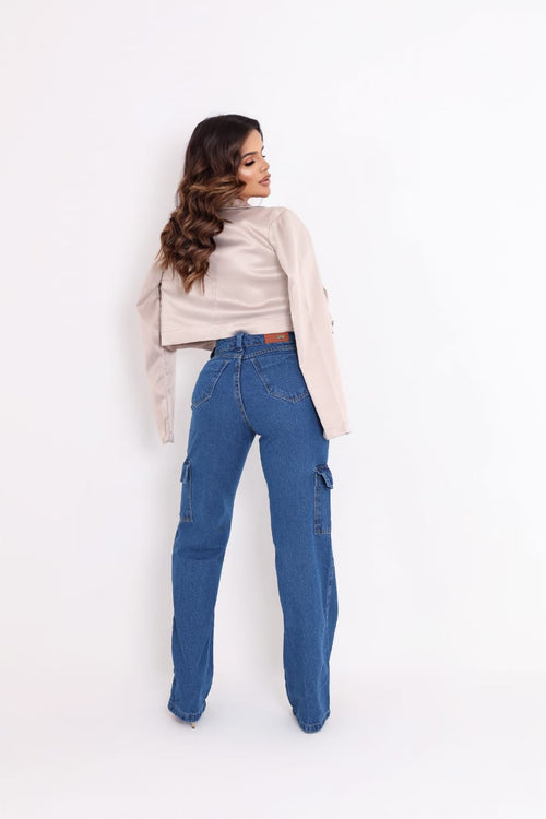 Calça jeans cargo wide leg